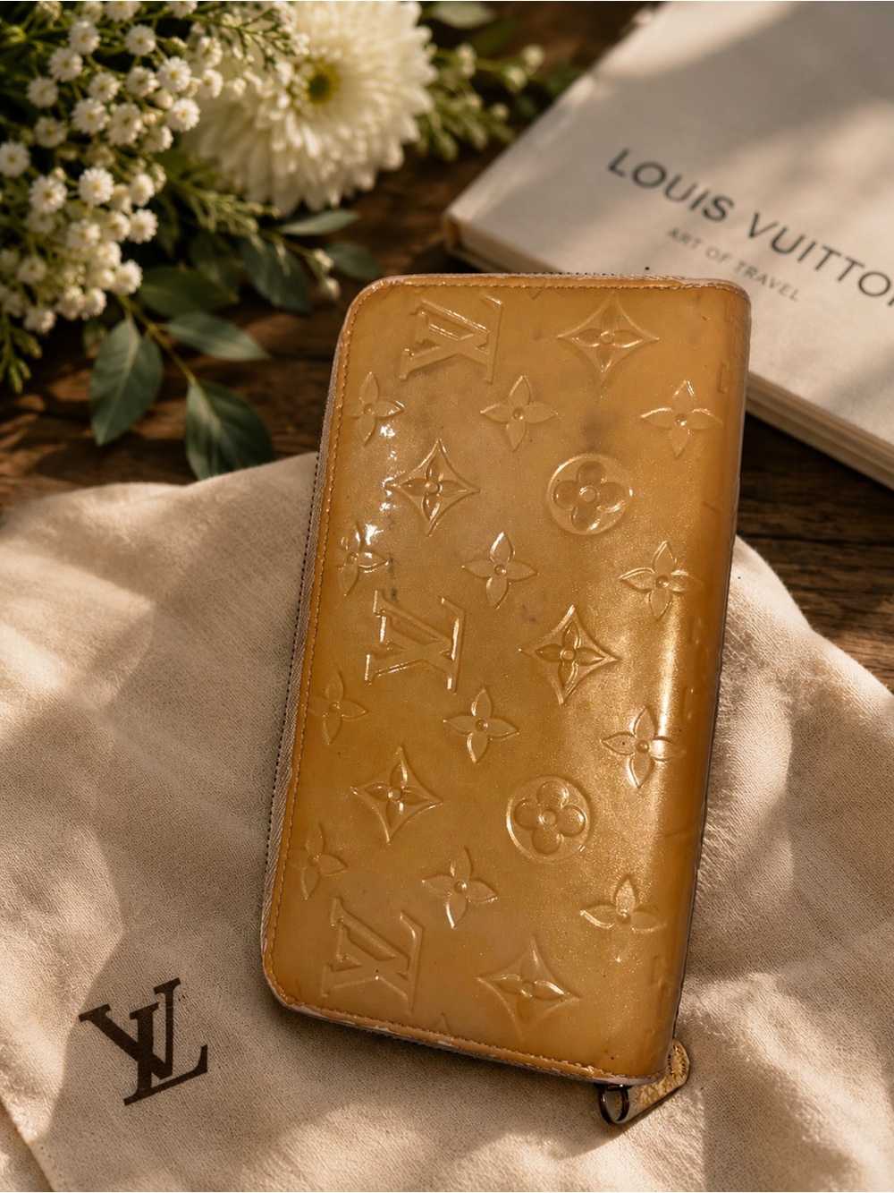 Louis Vuitton Metallic Gold Vernis Monogram Zip Around Wallet